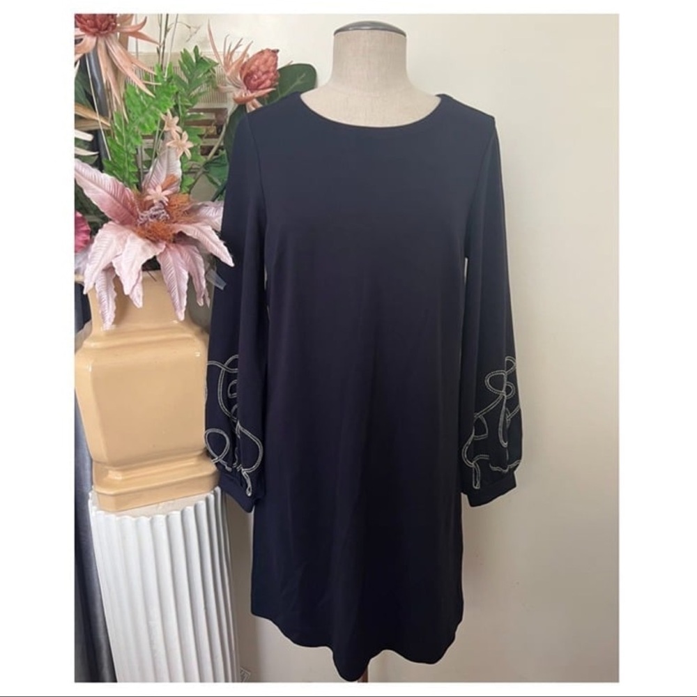 E-- NWT navy blue ANN TAYLOR long bubble sleeve women's knee length dress MEDIUM